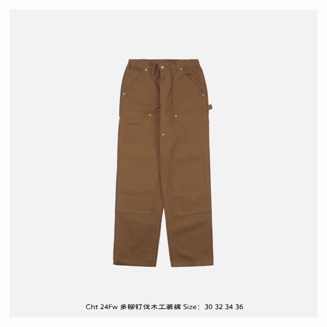 Carhartt 卡哈特 24Fw 多铆钉伐木工装裤 采用12盎司100%棉原生帆布，未脱浆面料，面料较硬，随穿着和洗涤会逐渐变软合身，不但能防风防水，长年累月