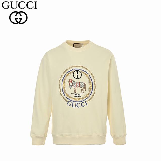 Gucci 古驰 24Fw 复古马术链条刺绣圆领卫衣 420克重纯棉面料毛圈底定制32支2*2螺纹 成衣两遍水洗处理 面料舒适亲肤无异感 定制定染面料 纺织密度