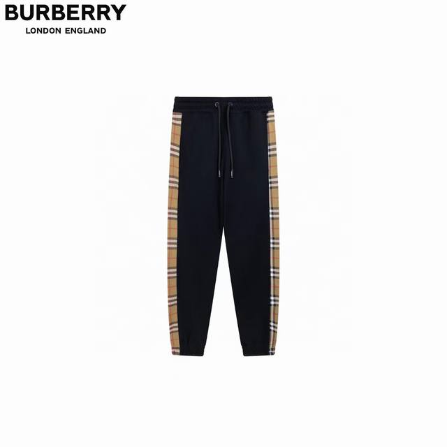 Burberry 巴宝莉 24Fw侧边格纹织带拼接毛圈卫裤 纯棉高品质面料、特别手感、超级质感 舒适柔软透气 休闲宽松版型 潮流男女同款 长裤颜色： 黑色码数：