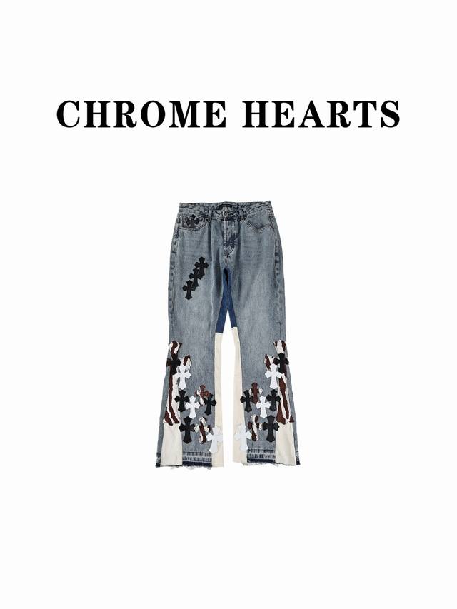 Chrome Hearts 克罗心喇叭破坏贴皮牛仔裤 洛杉矶限定！柜w级别，贴布十字花点缀，水洗牛仔裤！ 绝对高端的奢华产物，1.9W级别的神级单品超火的人气产