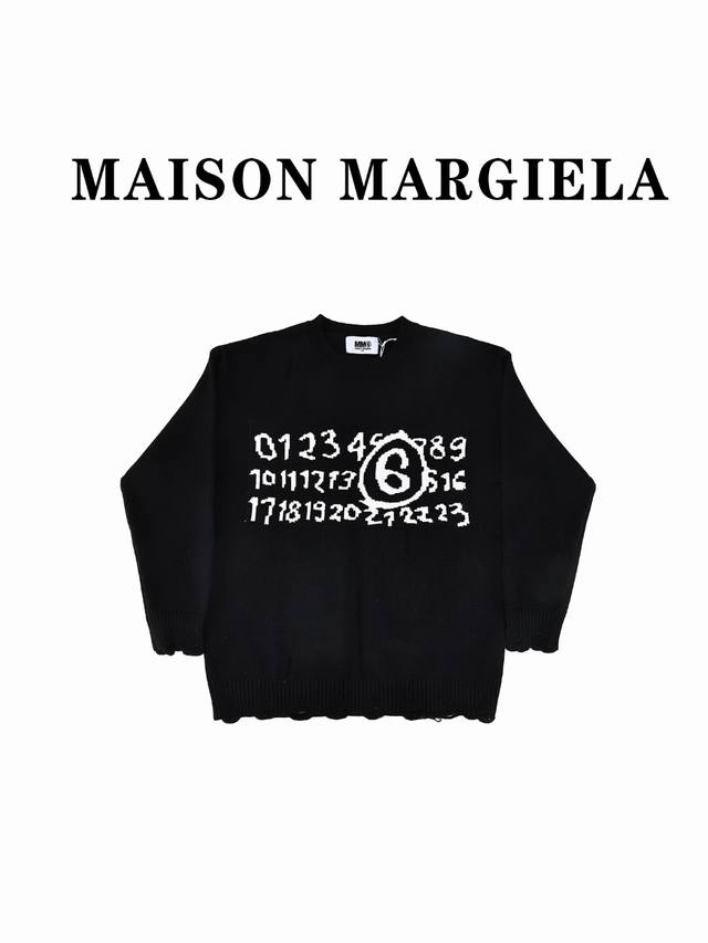 Maison Margiela马吉拉mm6数字破旧针织圆领毛衣 采用 700克加厚加重包芯纱面料前片进口机批满印细节编制而成前片进口机拼接字母数字花型工艺可机洗