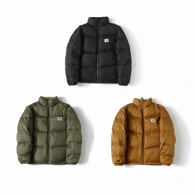 供货 Carhartt Wip卡哈特美式复古logo立领羽绒保暖防寒夹克外套男女款 80%羽绒填充，保暖性很ok！上身轻盈，无负担，不臃肿。Loose Fit版