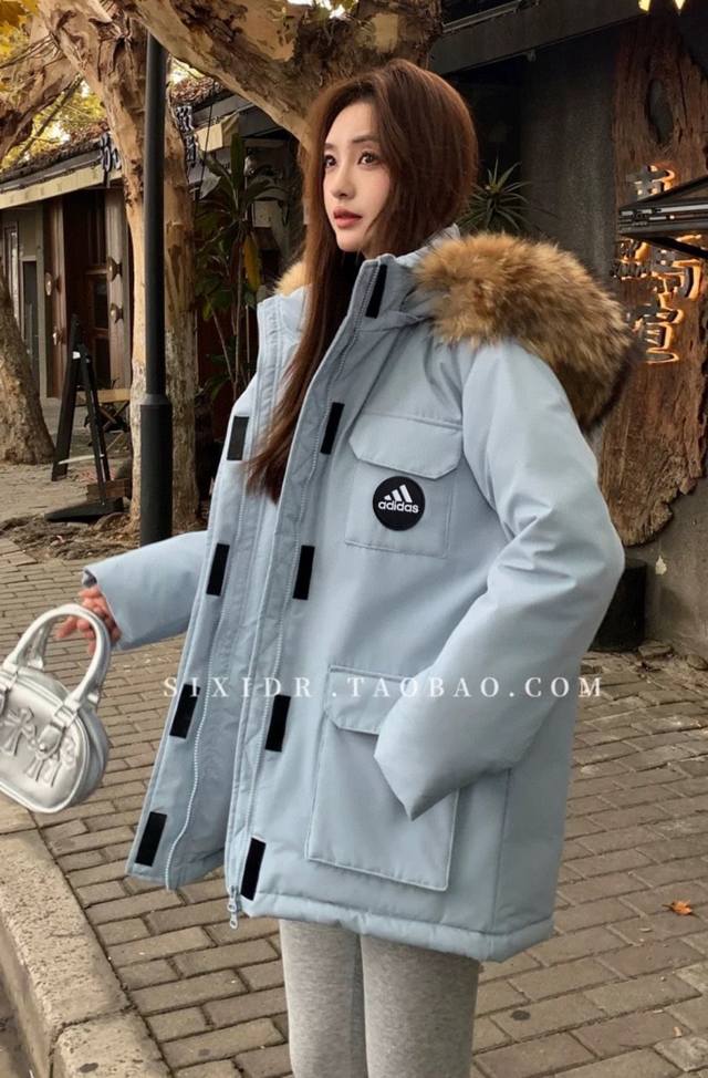 阿迪达斯adidas蓝色工装羽绒服女款冬季中长款白鸭绒毛领派克服外套加厚奶fufu浅蓝工装90绒羽绒服 重要的事情说一百遍这是90白鸭绒非市场垃圾版本我家只做高