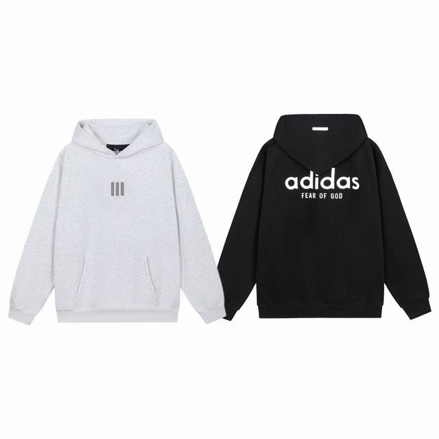 Fear Of God Fog X Adidas 阿迪达斯联名款三道杠胶印字母 Logo 印花情侣加绒连帽卫衣-最高品质 Color：黑色 灰色 Size：S