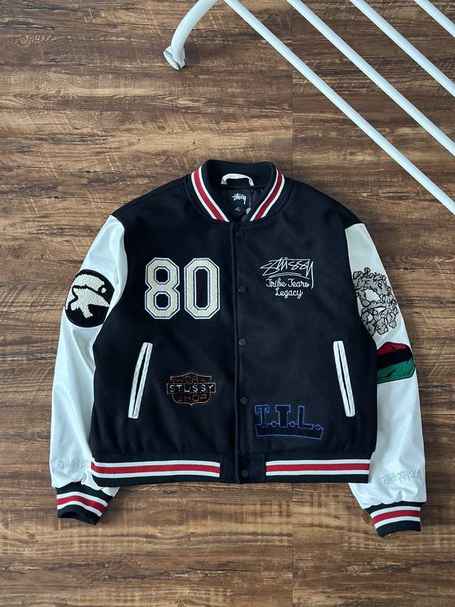 Stussy X Our Legacy X Denimtears三方联名 西海岸80周年秋冬联名毛巾绣加棉款棒球服外套 Metalheadz Music 30周