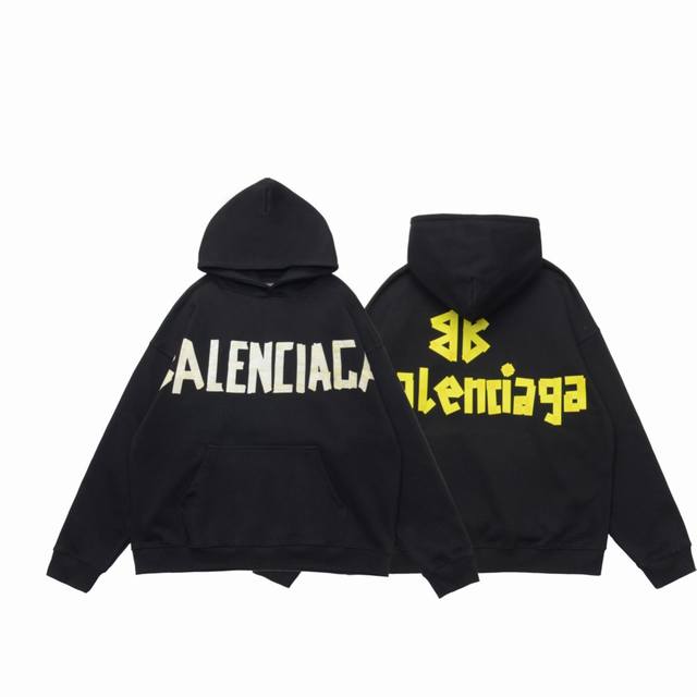 顶级复刻版本 Balenciaga巴黎世家新款黄色胶带印花logo连帽卫衣帽衫 面料: 重磅450克定制高密度大毛圈水洗棉，随意对比 一比一定制新款巴黎世家辅料