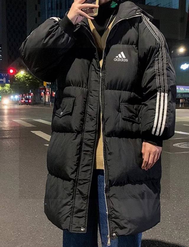 特价 不退换 Adidas 阿迪达斯经典三条杠长款羽绒棉服面包服，情侣款连帽羽绒棉服，经典百搭永不过时系列绝佳冬季穿搭必备单品 寒冬一定闭眼入的百搭单品，全棉斜