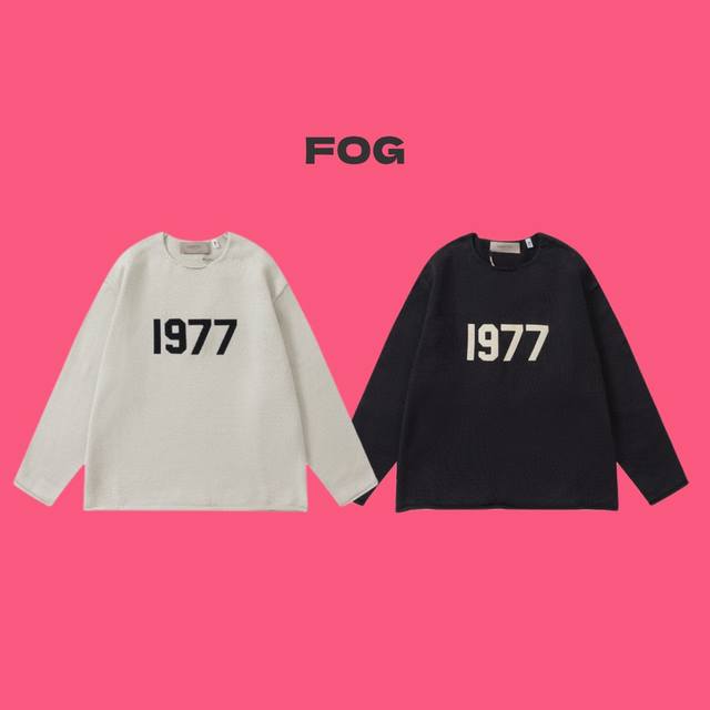 Fear Of God Fog Essentials 复线1977系列植绒字母 Logo 贴布宽松情侣针织圆领毛衣-代购过验品质 Color：小麦灰 青黑色 S