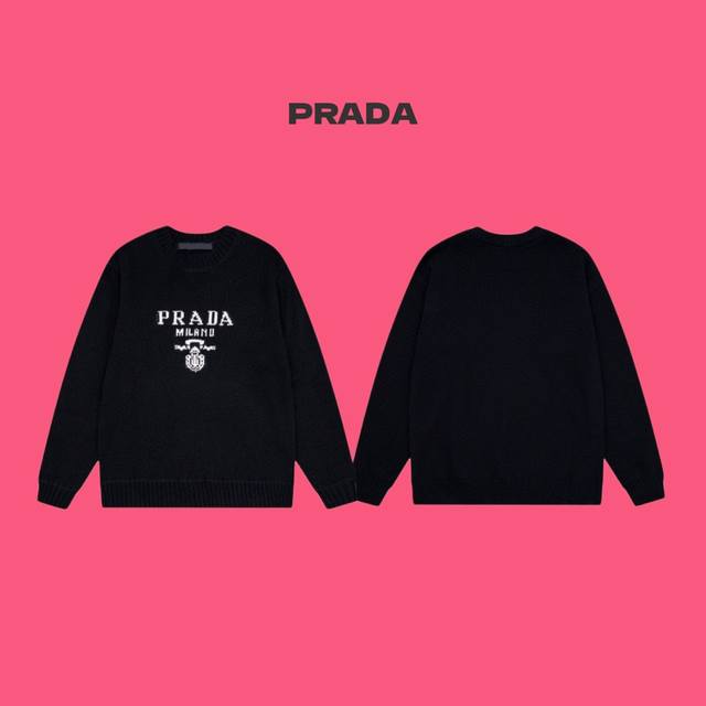 Prada 普拉达 经典字母 Logo 提花嵌花情侣圆领针织毛衣-代购级品质 Color：黑色 Size：S M L Number：249015 独家定制进口羊