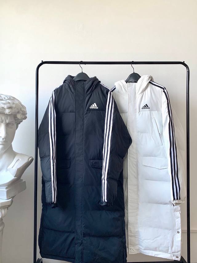 Ad连帽三杠羽绒长款棉服 冷冬超显白棉服外套#Adidas阿迪达斯三叶草专柜宽经典三杠连帽加厚羽绒长款棉服 男女闺蜜情侣款爆款上新 专柜同款聚酯纤维高密生物面料