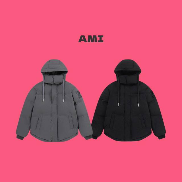 Ami Papis 艾米 经典爱心 Logo 贴布袖标廓形连帽情侣超厚羽绒服-顶级版本 Color：黑色 灰色 Size：Xs-S M-L Xl Xxl Nom