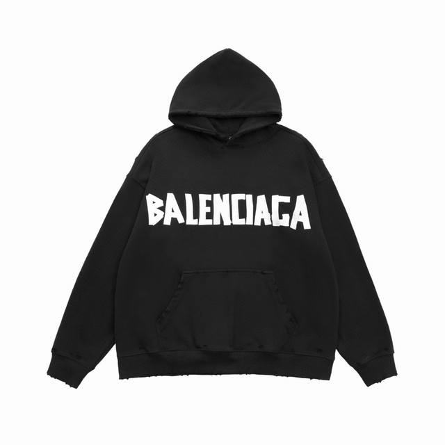 顶级复刻版本] 品名: Balenciaga巴黎世家 新款银色胶带拉浆印花做旧连帽卫衣帽衫 尺码：Xs-L 颜色：黑色 面料: 450克定制双纱高密度大毛圈水洗