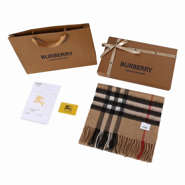 顶级版本，原版原标纯羊绒！ Burberry巴宝莉the Classic Check Cashmerescarf 格纹 羊绒 绒线围巾 女款 卡其色-田曦薇同款