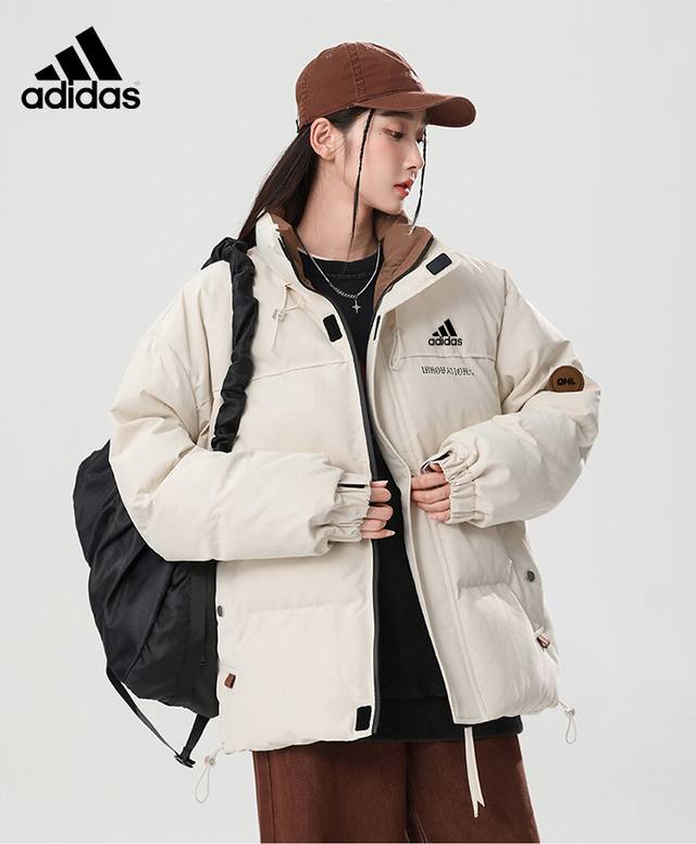 上新 冬季经典款阿迪达斯adidas情侣款连帽棉服！23年专柜情侣款拉链拼接棉服外套 硬挺轮廓版型 上身有型 整体很显气质 ，单穿 叠穿 内搭外穿 都完美面料柔