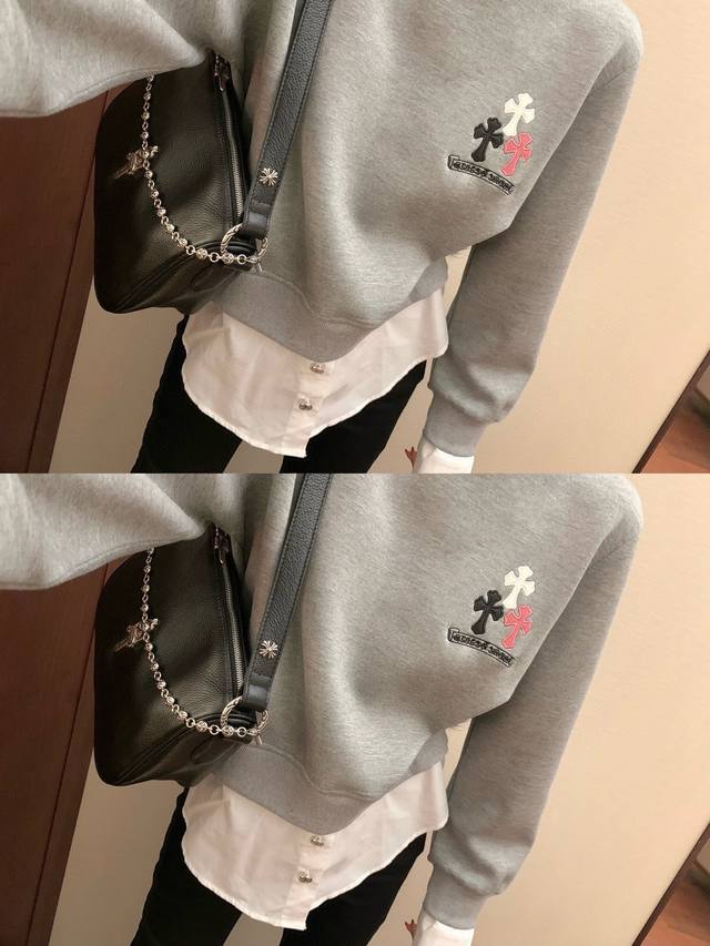 Chrome Hearts 克罗心ch十字架贴皮刺绣衬衣拼接假两件加绒加厚卫衣 款号：24670612525 颜色：黑色 灰色 尺码：Sml S码80-95斤