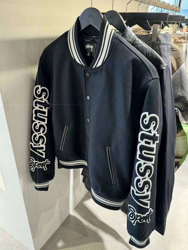 特价 不退换 库存：齐全 Stussy斯图西 Varsity Jacket 司徒双袖植绒贴布刺绣棒球服 男女同款 原版开发 辅料 订做 ，宽松版型 随意穿搭 黑