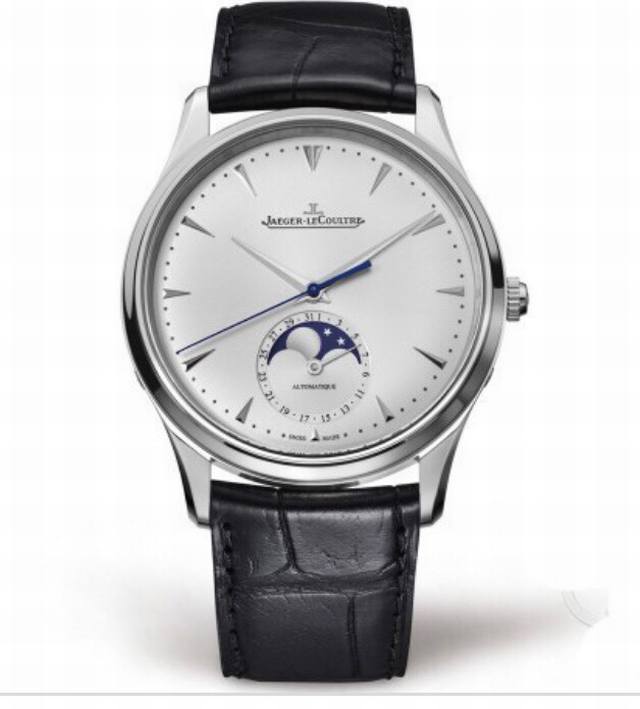 Jaeger-Lecoultre 积家大师系列月相多功能自动机械腕表。积家热门款正装手表。积家专柜最新经典款四针月相手表，六点钟小表盘既有月相显示，又有日期显示