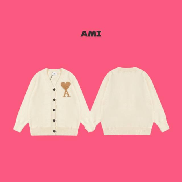 Ami Paris 艾米 24Fw 圣诞限定金线爱心 Logo 提花情侣针织开衫外套-顶级原单版本 Color：米色 Size：S M L Nomber：241