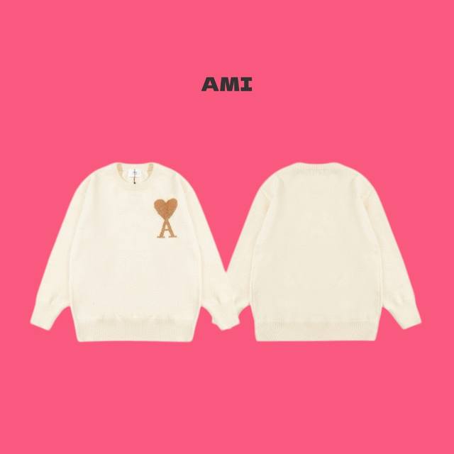 Ami Paris 艾米 24Fw 圣诞限定金线爱心 Logo 提花情侣针织圆领毛衣-顶级原单版本 Color：米色 Size：S M L Nomber：241