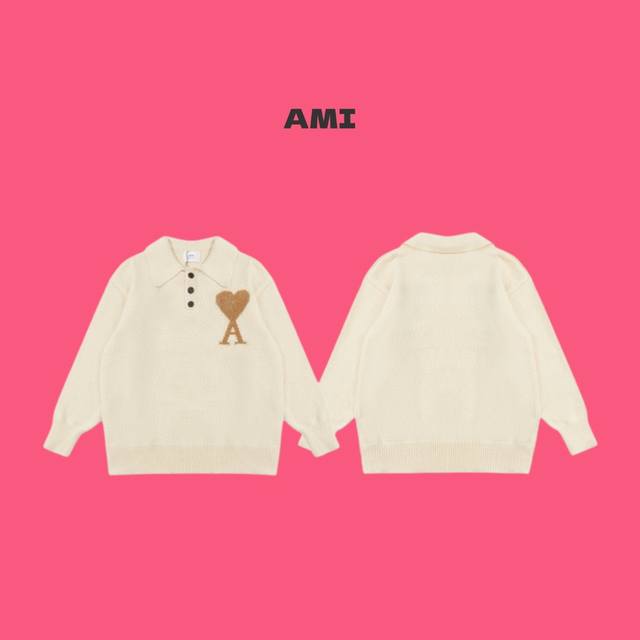 Ami Paris 艾米 24Fw 圣诞限定金线爱心 Logo 提花情侣针织翻领polo毛衣-顶级原单版本 Color：米色 Size：S M L Nomber