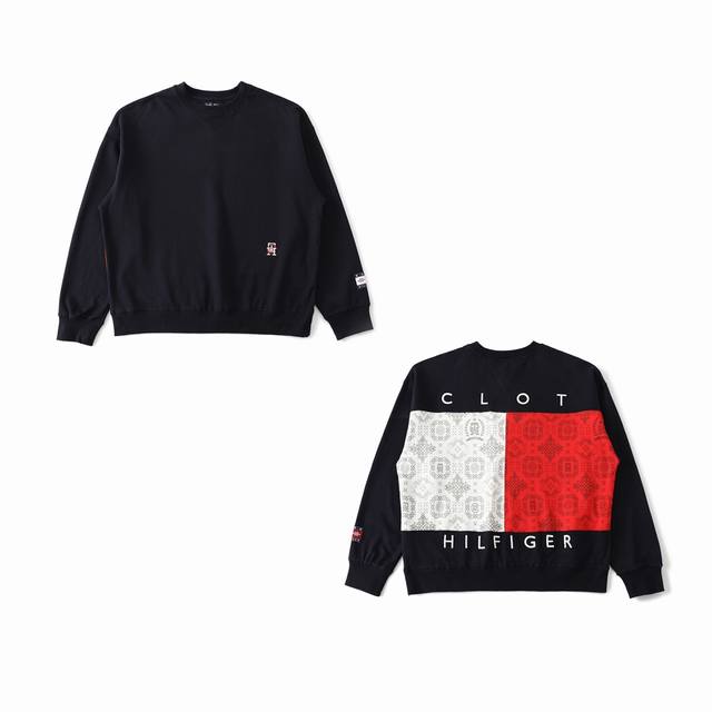 Tommy Hilfiger X Clot 联名款 新春特别系列 Ss24 纯棉拼色宽松秋冬卫衣 男女同款 藏青色 S M L Xl 衣长 70 72 74 7