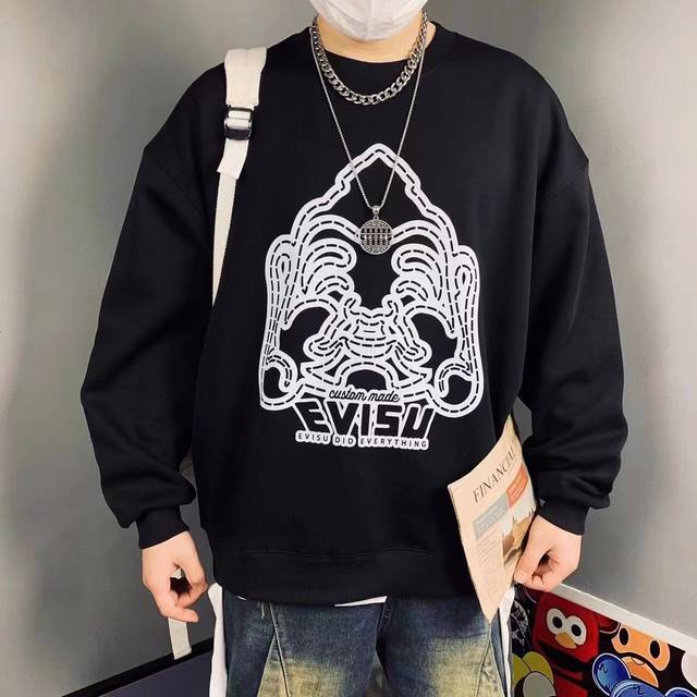 Evisu 福神2024新款佛头和商标印花百搭水貂绒卫衣 高端定制 水貂绒柔软舒适 胸前字母logo图案完美配色！不得不推荐一款非常受欢迎的硬货！你需要这样一件