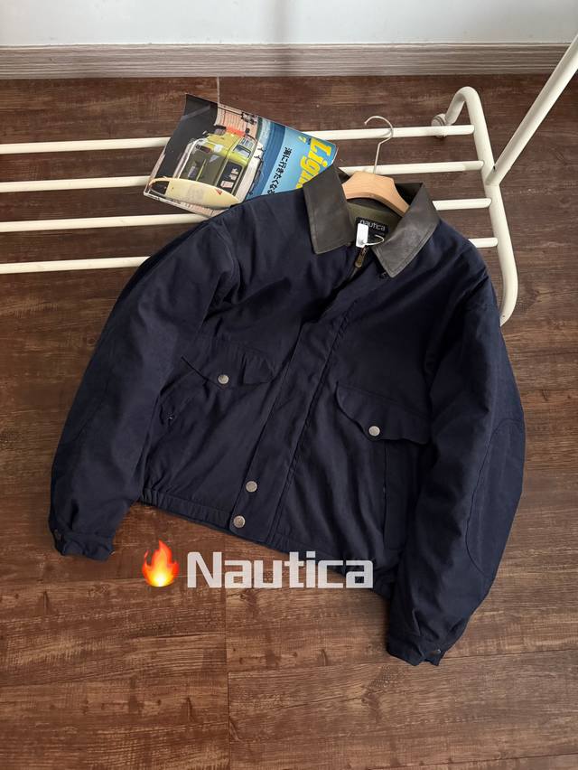 Nautica Vintage 加绒加厚廓形棉服皮领夹克 90S 古着 大身采用铜氨绒 内里300G双刷双摇绒布 袖里布高密度舒美绸绗棉 领布斜纹面料皮料拼接