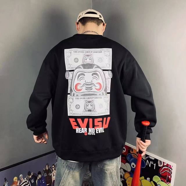 Evisu 福神2024新款达摩钞票标志图案印花百搭水貂绒卫衣 高端定制 水貂绒柔软舒适 胸前字母logo图案完美配色！不得不推荐一款非常受欢迎的硬货！你需要这