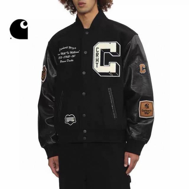 Carhartt Wip 哈卡特 大c字母植绒皮袖外套 秋冬新品美式刺绣布章加棉棒球服 海外新款 重工刺绣 原版开发 细节对版 秋冬正合适 颜色：黑色 尺码：S