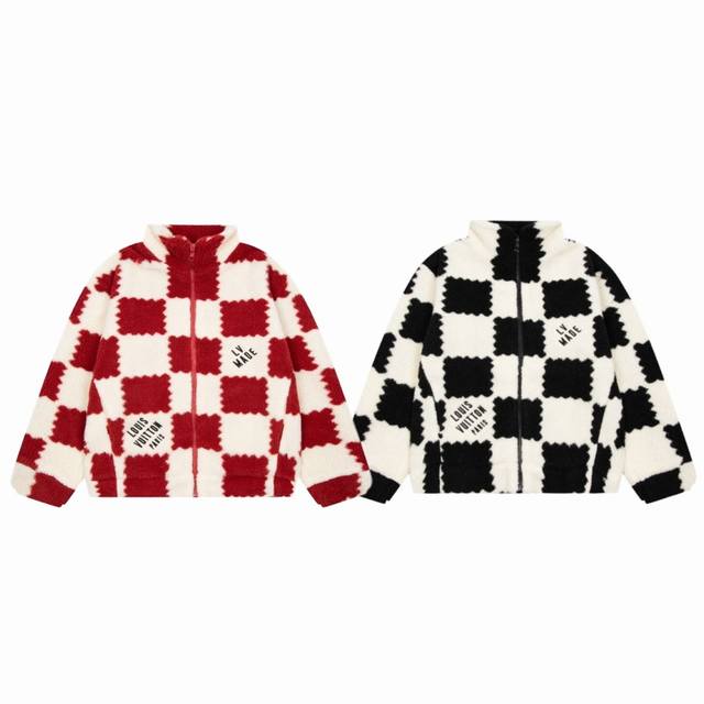 Louis Vuitton Lv X Nigo 路易威登联名款棋盘格子刺绣 Logo 字母情侣立领羊羔毛外套-顶级版本 Color：红格子 黑格子 Size：S