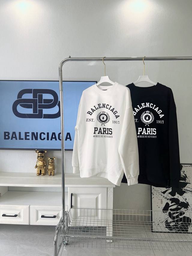 Balenciaga 巴黎世家 1917皇冠麦穗 印花圆领加绒卫衣 男女同款 Size：S-Xl Color：黑色、白色 Number：146899 原版定制