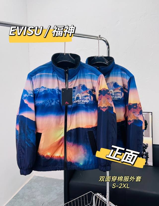 王一博同款！Evisu福神 男士双面穿棉服。 广东顶级版本， 面料和标完全和专柜原版一致。 做工细节完美，三标包装齐全！工艺：刺绣 品名：Evisu福神 男士双