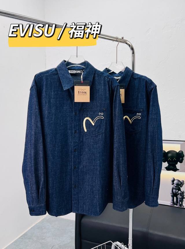 高逼格！Evisu 福神 春秋季翻领衬衫外套！ 重工刺绣+原浆原色 100%客供丹宁牛仔布！ 全身多处重工刺绣绝对吸睛 品名： Evisu 福神 翻领牛仔衬衫