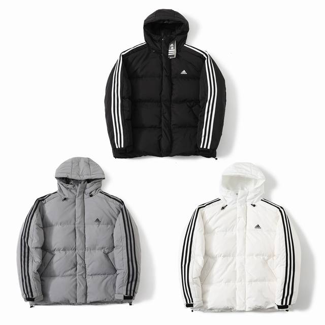 顶级复刻 Adidas 阿迪达斯24Fw 新款小标三条杠连帽羽绒服 采用原版一致高密度尼龙面料增加4级防水涂层 防风防水 内里采用双层330D胆布 大牌羽绒服专