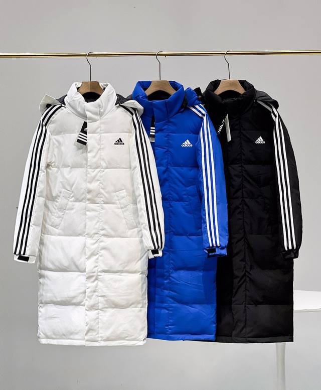 新款adidas阿迪达斯专柜长款羽绒服，80%白鸭绒，20%羽毛，2024年冬季adidas阿迪达斯男女情侣款中长款连帽羽绒服，超级保暖效果贼好，今年冬天一定冷