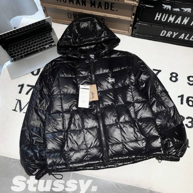 售后到年底 發 -Stussy斯图西fw24 Midweight Hooded Puffer品牌徽标logo隐藏式口袋拉链连帽格子羽绒服 男女同款 -采用原版一