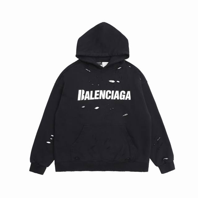 售后到明年 [顶级复刻版本]品名: Balenciaga 巴黎世家 新款做旧破洞两件套手工破坏印花做旧连帽卫衣帽衫 尺码：Xs-L 颜色：黑色 面料: 重磅45