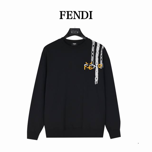 Fendi 芬迪 24Fw 肩膀链条印花及涂鸦logo刺绣圆领卫衣 今年的风向标，可男可女的高级百搭款tee 客供高克重进口420G水洗毛圈棉面料，订染颜色后整