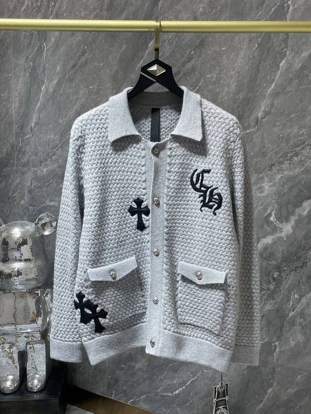 8859＃ 上新 Chrome Hearts 毛衣系列 克罗华夫格纹拼皮开衫毛衣 精选优质羊羔毛高克重面料 定制版克罗心五金纽扣皮标刺绣 非市面普通版本！！时尚