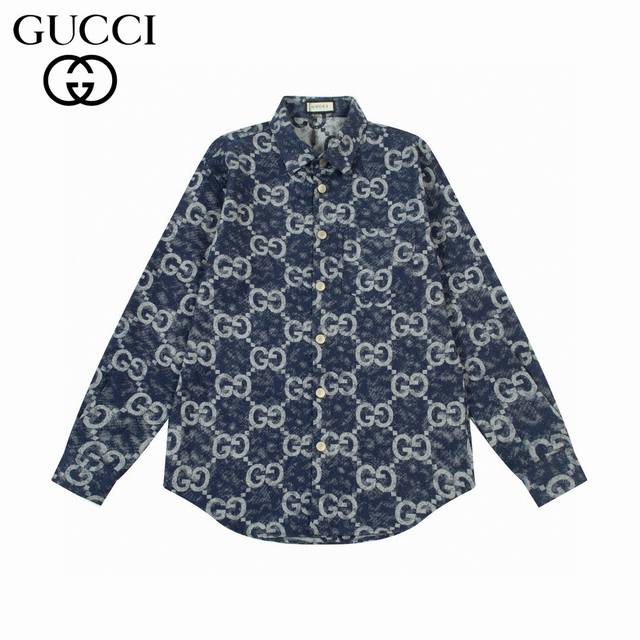 Gucci 古驰 爆款来袭 经典双g满印牛仔衬衫 2024Ss官网新款长袖 衬衫 衬衣，精美提花logo 高端版本，专柜定制面料 透气舒适度高，精工制作，细节处