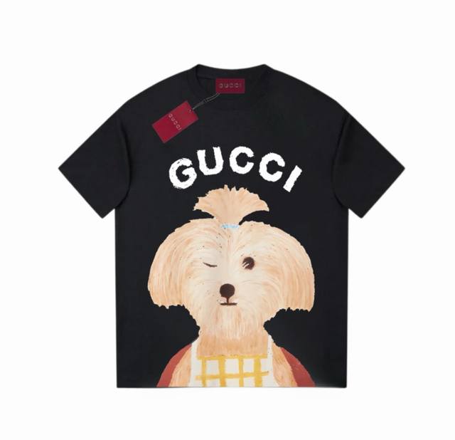 Gucci 古驰 2025早春新款 定制270G双纱纯棉面料 已洗水处理 不变形 不掉色 数码喷印小辫泰迪狗logo 男女同款 短袖t恤 颜色：黑色 尺码：Xs