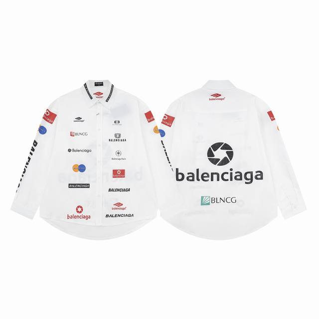 款号c113 23Ssbalenciaga巴黎满印赛车风衬衣 走线细腻，左右袖多元素logo采用印花工艺，肩部下摆采用纯手工磨烂效果，采用双压线工艺，后幅采用超