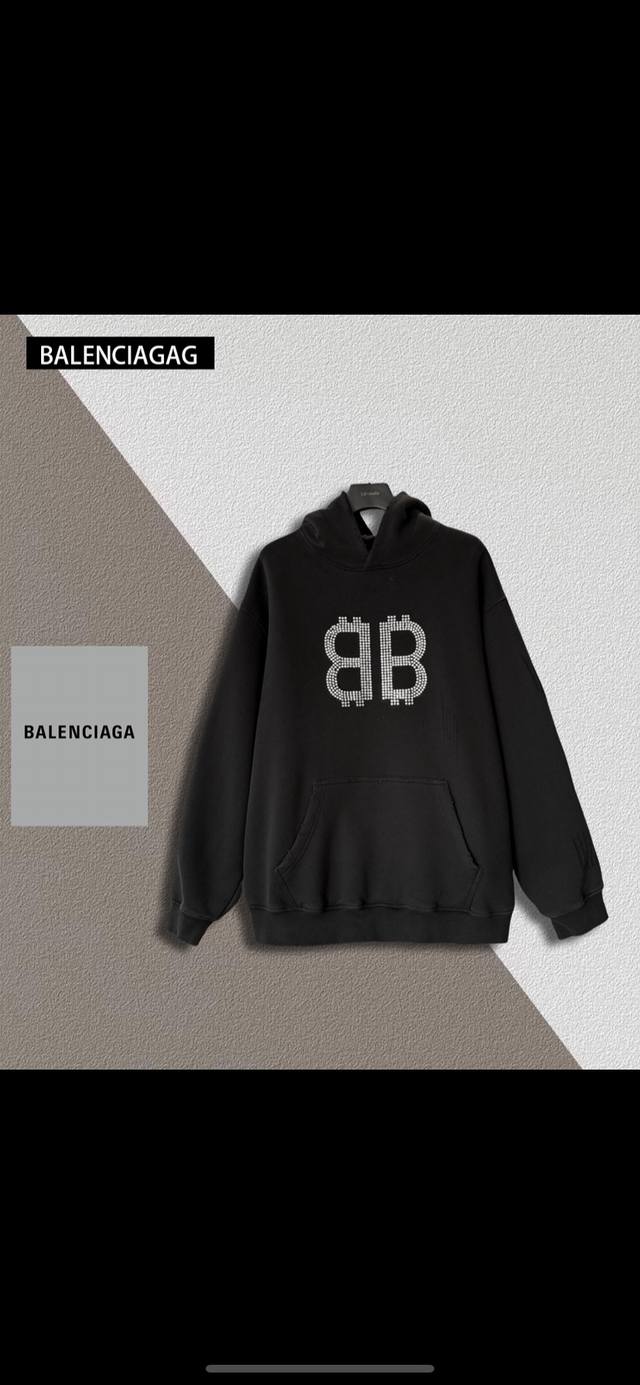 Balenciaga 巴黎世家 500G洗水加绒烫钻连帽卫衣 颜色：水洗黑 尺码：Xs-L