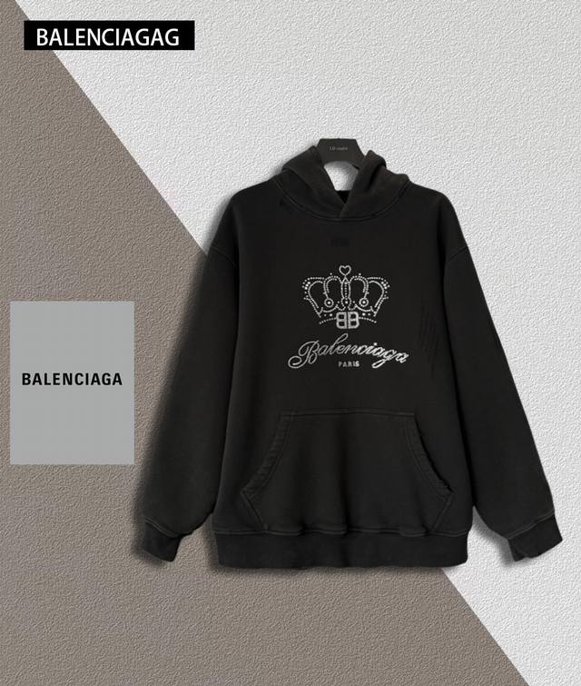 Balenciaga 巴黎世家 500G洗水加绒皇冠烫钻连帽卫衣 颜色：水洗黑 尺码：Xs-L