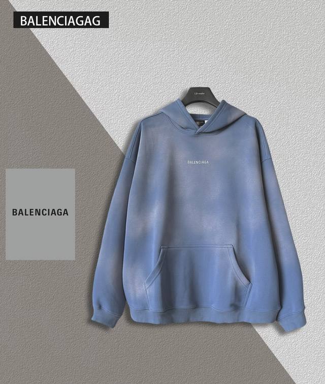 Balenciaga 巴黎世家经典卫衣重工水洗磨破连帽刺绣卫衣 面料克重460克重 颜色 兰 尺码 Xs-L