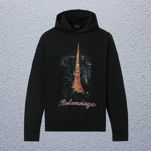 顶级版本 同步官网 款式：巴黎世家balenciaga 东京铁塔连帽卫衣 颜色：图片色 尺码：Xs-L 官方版型 注意尺码表 面料：480G毛圈 辅料：全套定制