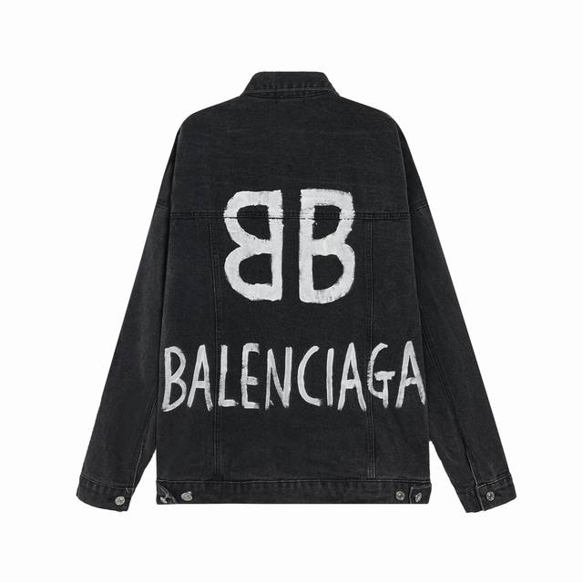 高版本 Balenciaga巴黎世家 22Fw 双b涂鸦复古水洗牛仔外套夹克 - 贾斯丁比伯同款 21年燃炸秋冬最新款 - 后背的双b字母涂鸦街头艺术气息浓郁又