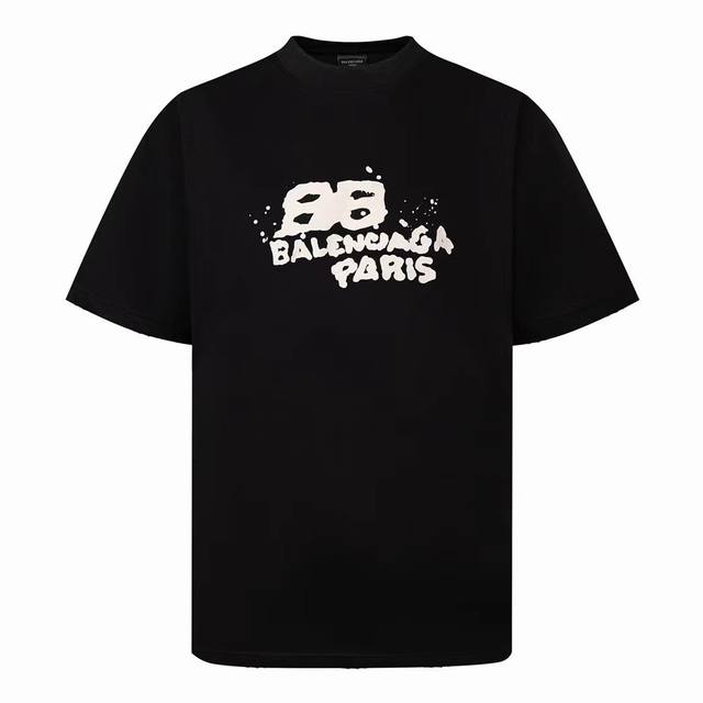 Balenciaga 24Ss水墨bb涂鸦破洞水洗短袖t恤 正确版本随意对比 手工环保丝网水浆印花工艺 手工磨破重工水洗 工艺 双针车线跨缝工艺 原版主唛水洗吊