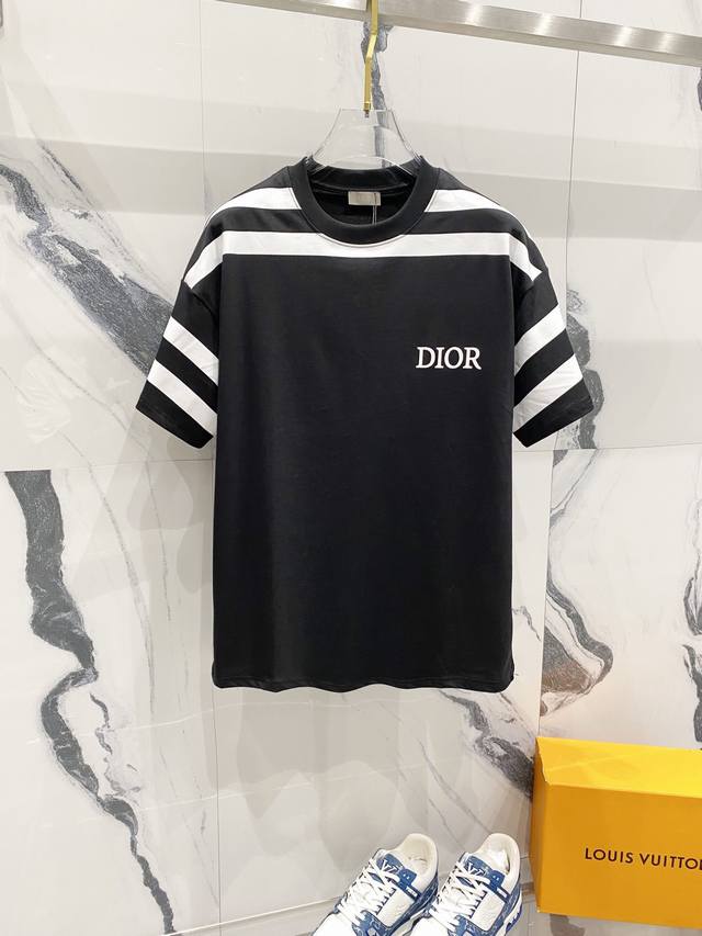 Dior 迪奥 260克圆领短袖t恤 条纹设计cd47印花logo 官方同步 高版本 高品质 时尚个性 百搭潮流 纯原品质 原版面料 吊牌 领标 水洗麦 三标齐