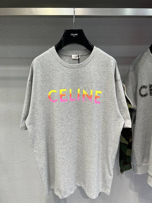 款号y214 Celine 正印彩色logo 独家定织定染纯棉料 柔软舒适 前副ｃｅｌｉｎｅ彩色字母logo印花 男女同款 花灰配色 Xs-L